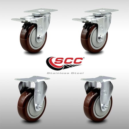 Service Caster 4 Inch SS Maroon Polyurethane Top Plate Caster Lock Brake 2 Rigid SCC, 2PK SCC-SSTTL20S414-PPUB-MRN-2-R-2